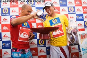 Kelly Slater and Andy Irons share the stage after the Quiksilver Pro in Japan, 2005.